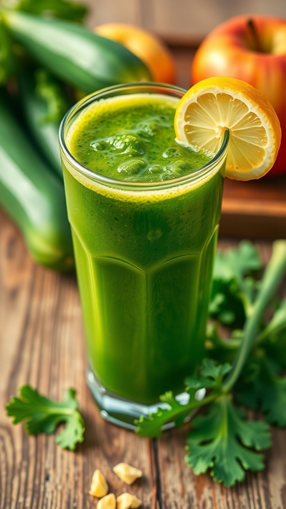 A refreshing glass of kale juice with lemon garnish, surrounded by fresh apples and cucumbers on a wooden table.